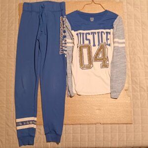 JUSTICE ACTIVE girls size 14/16 blue/white shirt & pant set w/sequins